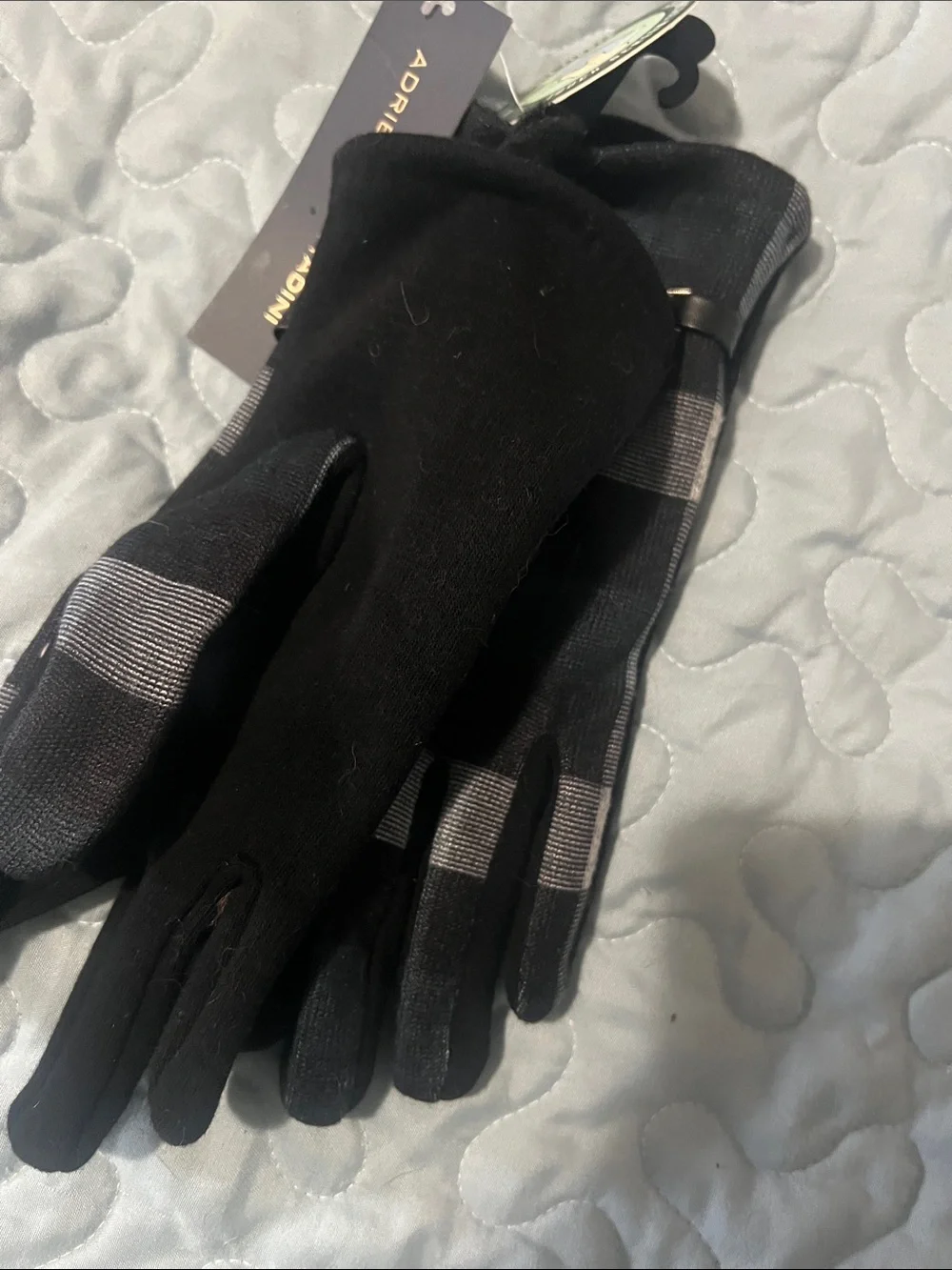 Adrienne Vittadini Black & Gray Plaid Knit Gloves with Decorative Strap